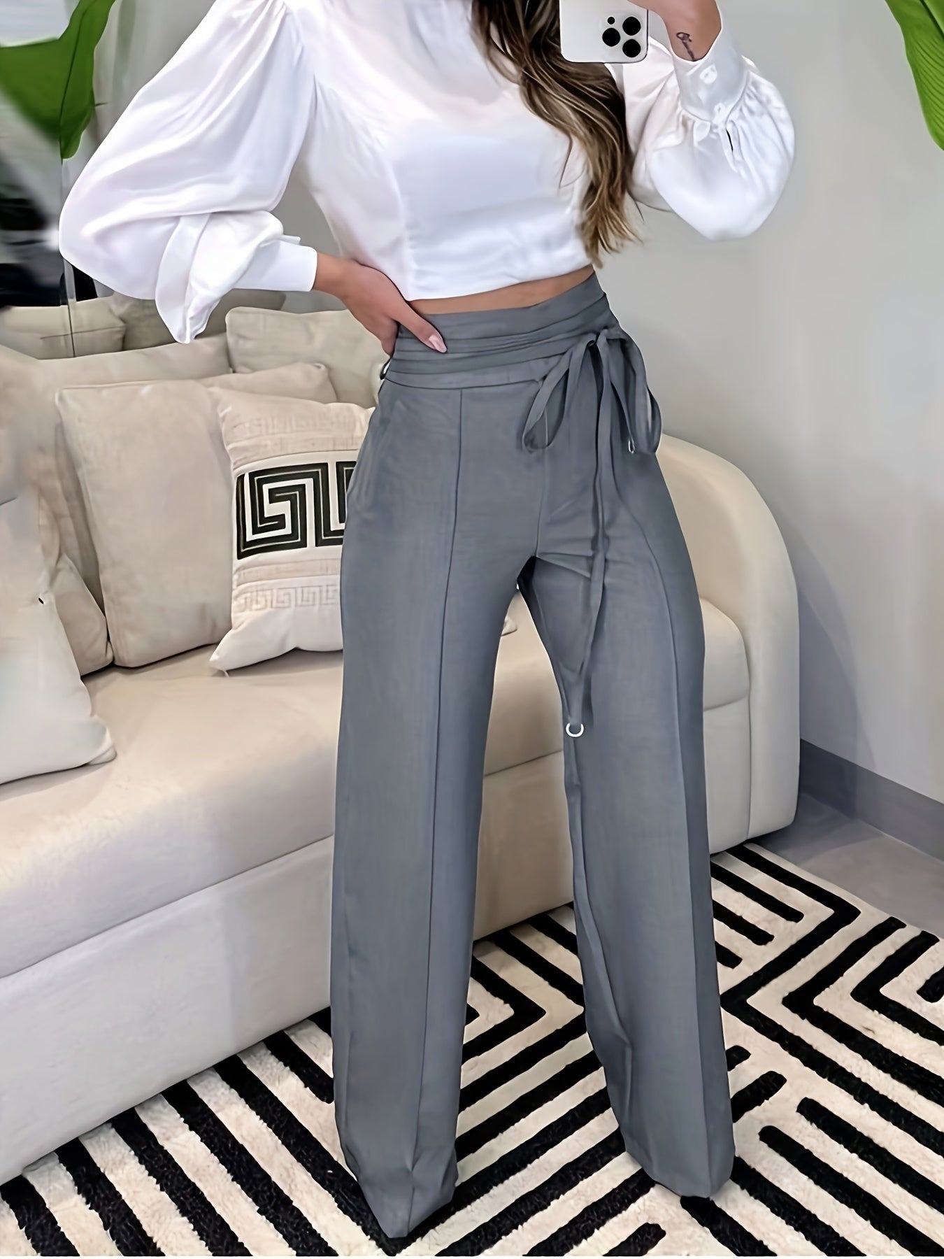  Casual Pants Women's Plus Solid Elastic Belted High Rise Wide Leg Trou