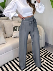  Casual Pants Women's Plus Solid Elastic Belted High Rise Wide Leg Trou