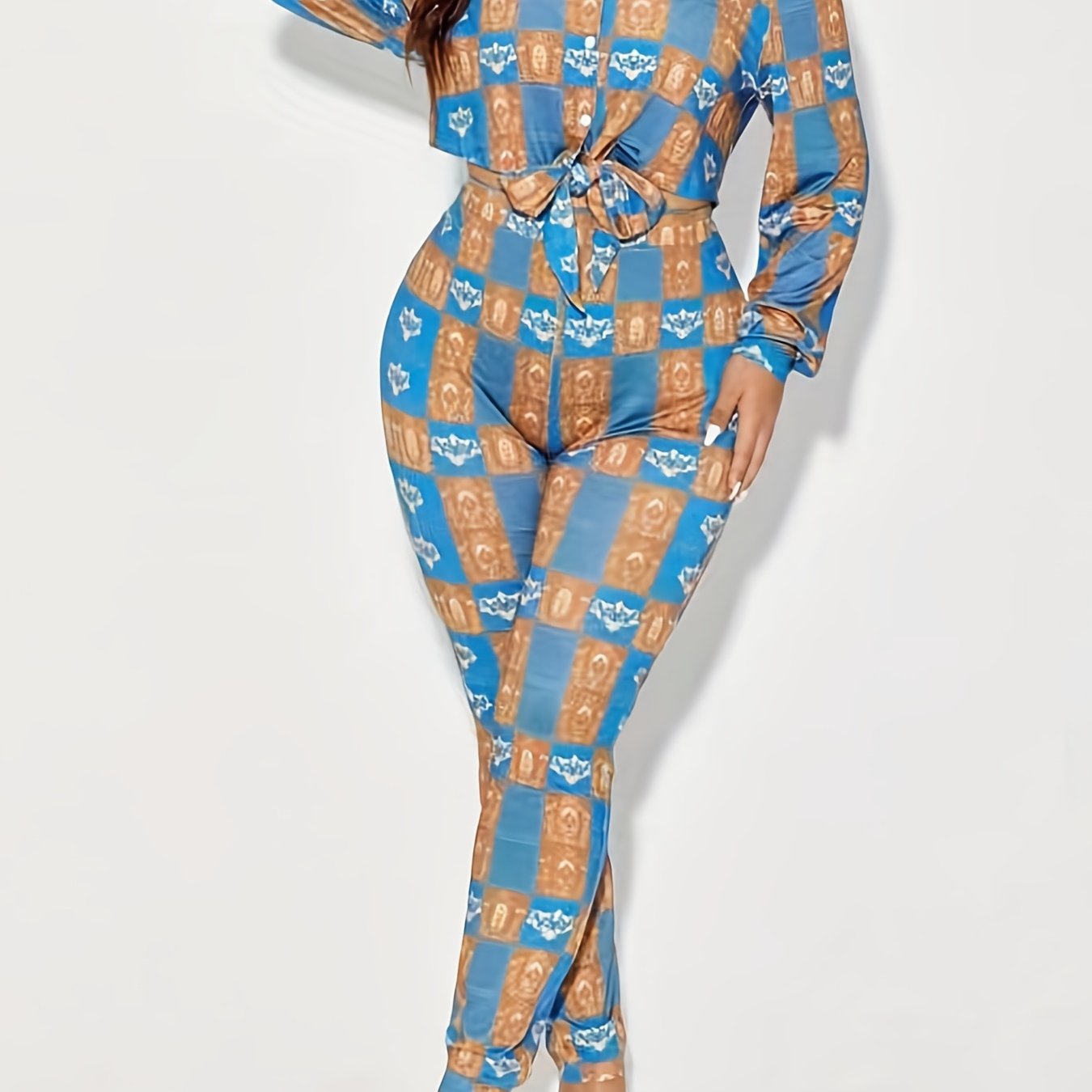  Boho Colorblock Floral Print Top & Leggings 2 Piece Set
