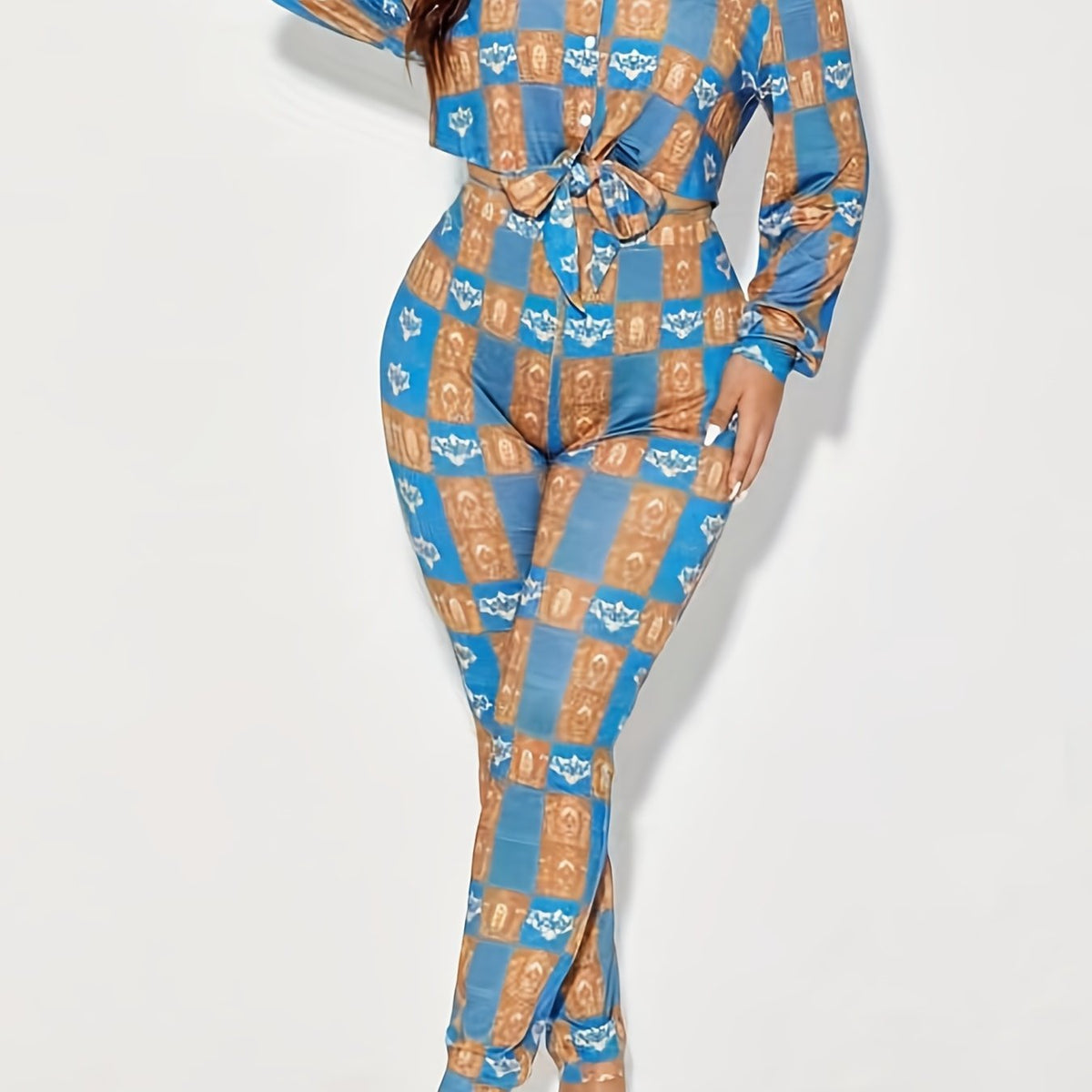  Boho Colorblock Floral Print Top & Leggings 2 Piece Set