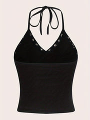 Skull Butterfly Halter Top Y2K V Neck Tie Back Summer Sleeveless