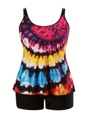  Vacay Tankini Set Tie Dye Round Neck Cami Top & Boyshorts Swimsuit