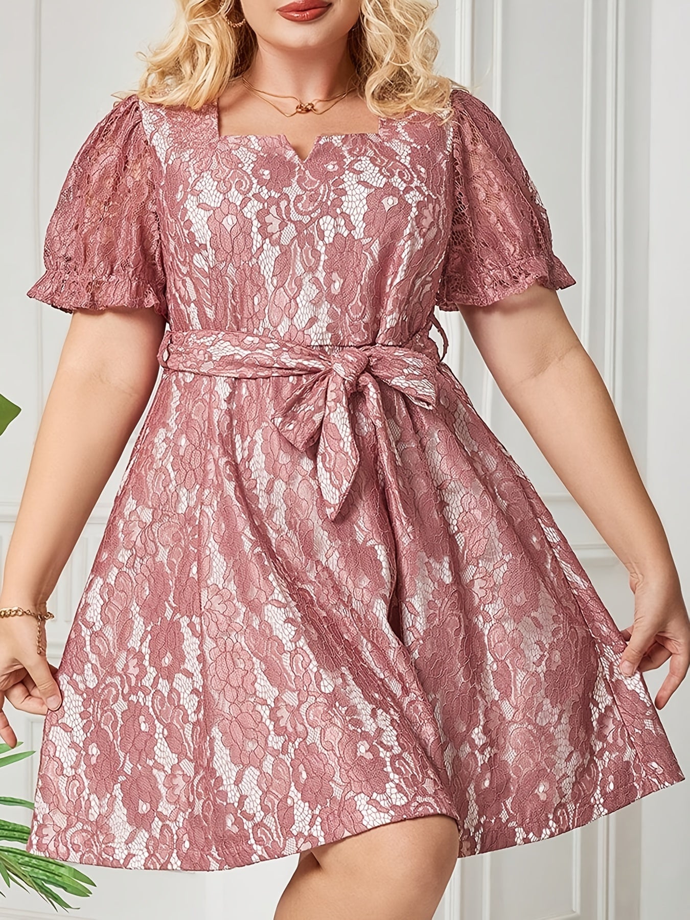  Solid Lace Puff Sleeve Mini Dress With Belt
