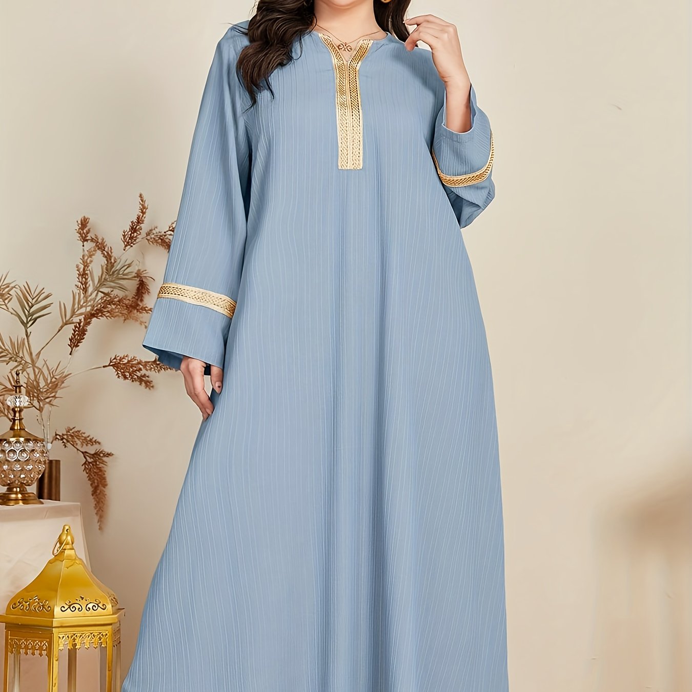 Casual Abaya Dress Women's Plus Colorblock Contrast Lace Maxi Dress