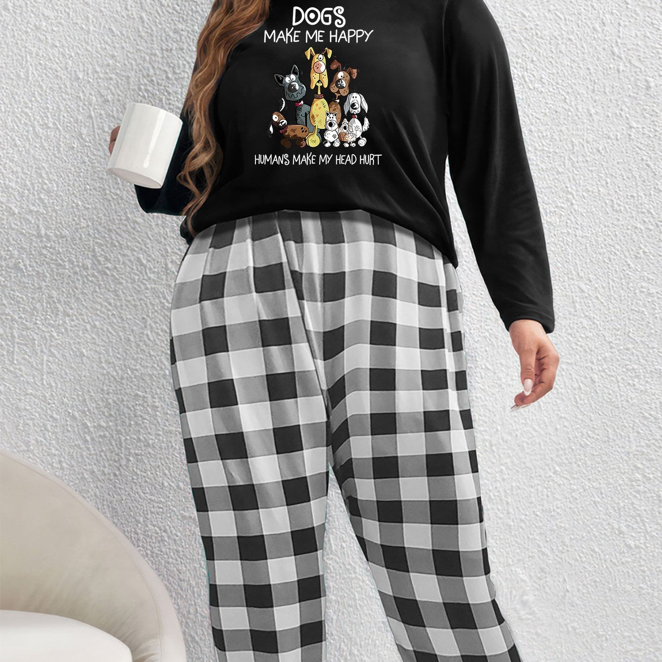  Puppy Print Lounge Set Long Sleeve Tee & Plaid Pants Two Piece