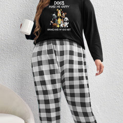  Puppy Print Lounge Set Long Sleeve Tee & Plaid Pants Two Piece