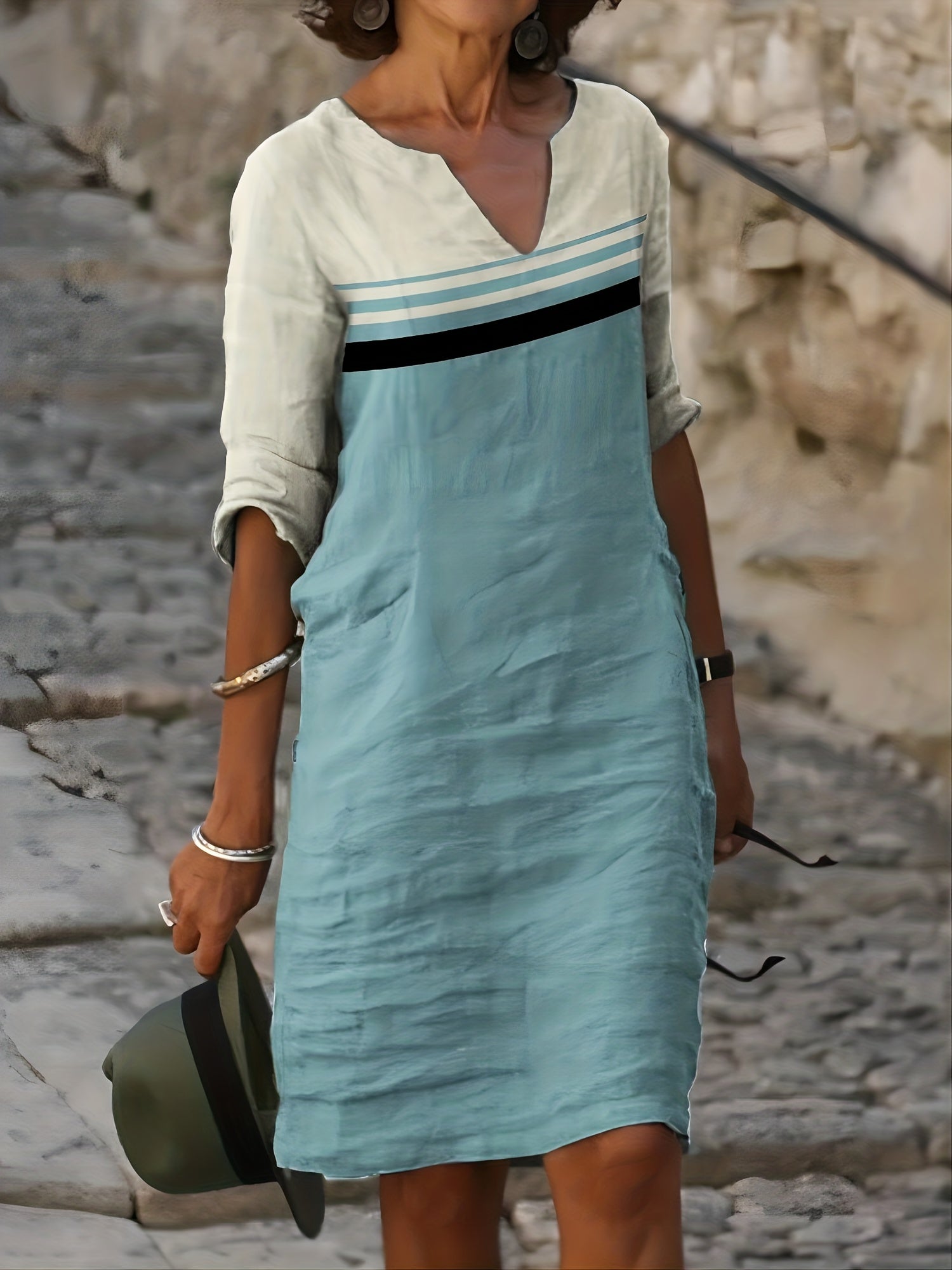  Colorblock Stripe Print Half Sleeve Dress