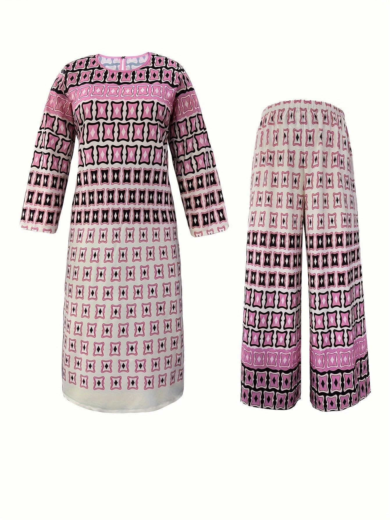  Colorblock Geometric Print Dress & Pants Outfits 2 Piece Set