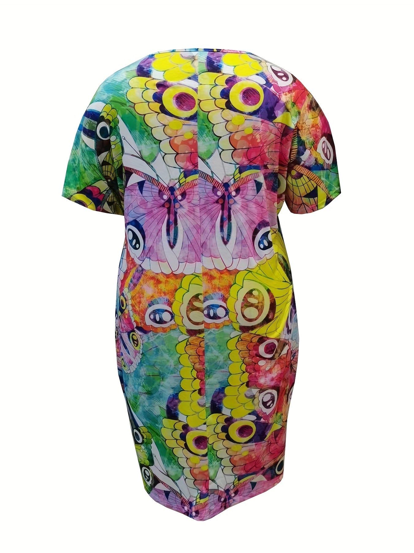  Butterfly Print Short Sleeve V Neck Dress with Pockets