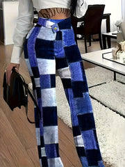  Colorblock Denim Print Button Detail Wide Leg Trousers