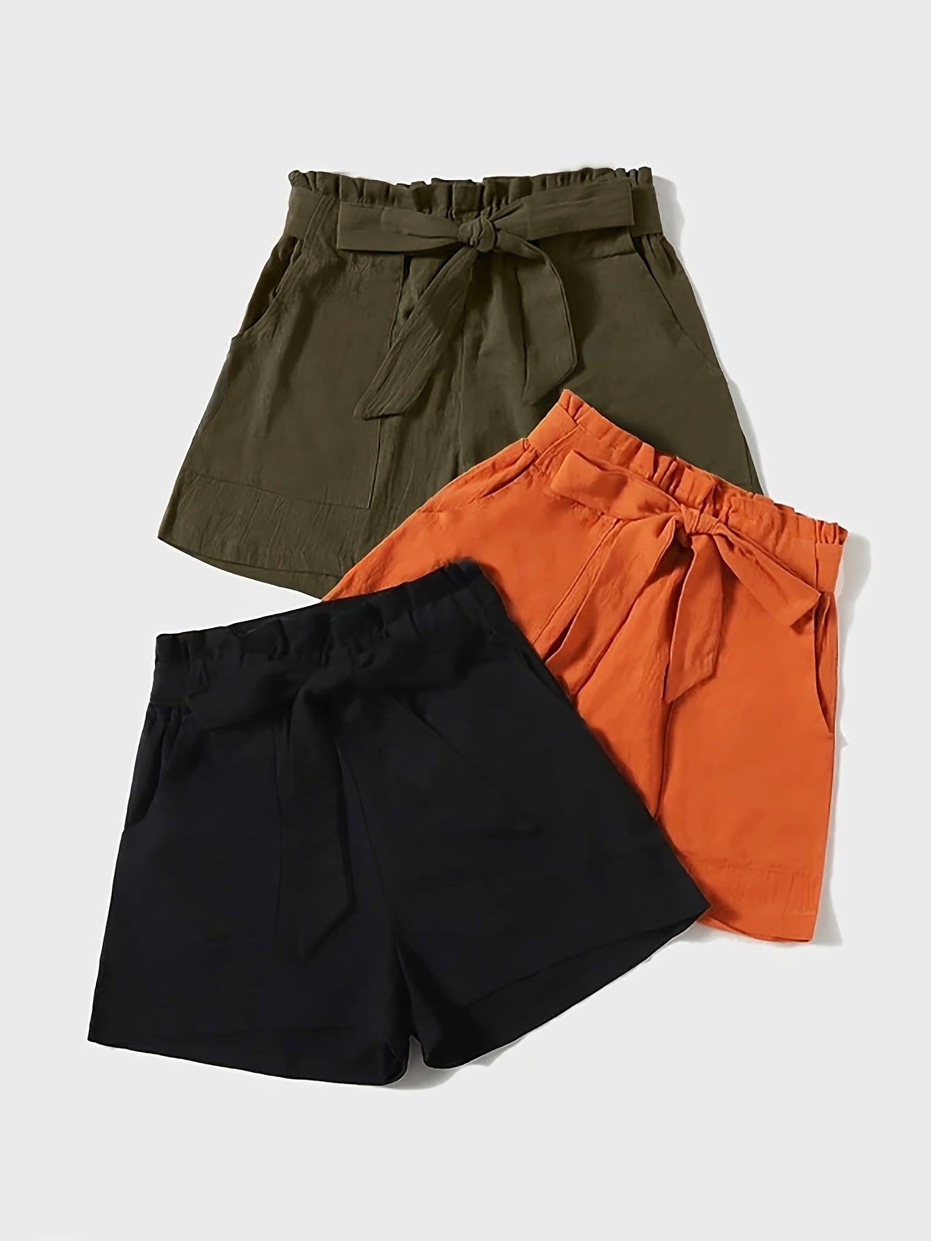 3 Pack Women's Plus Size Elastic Belted Shorts Set