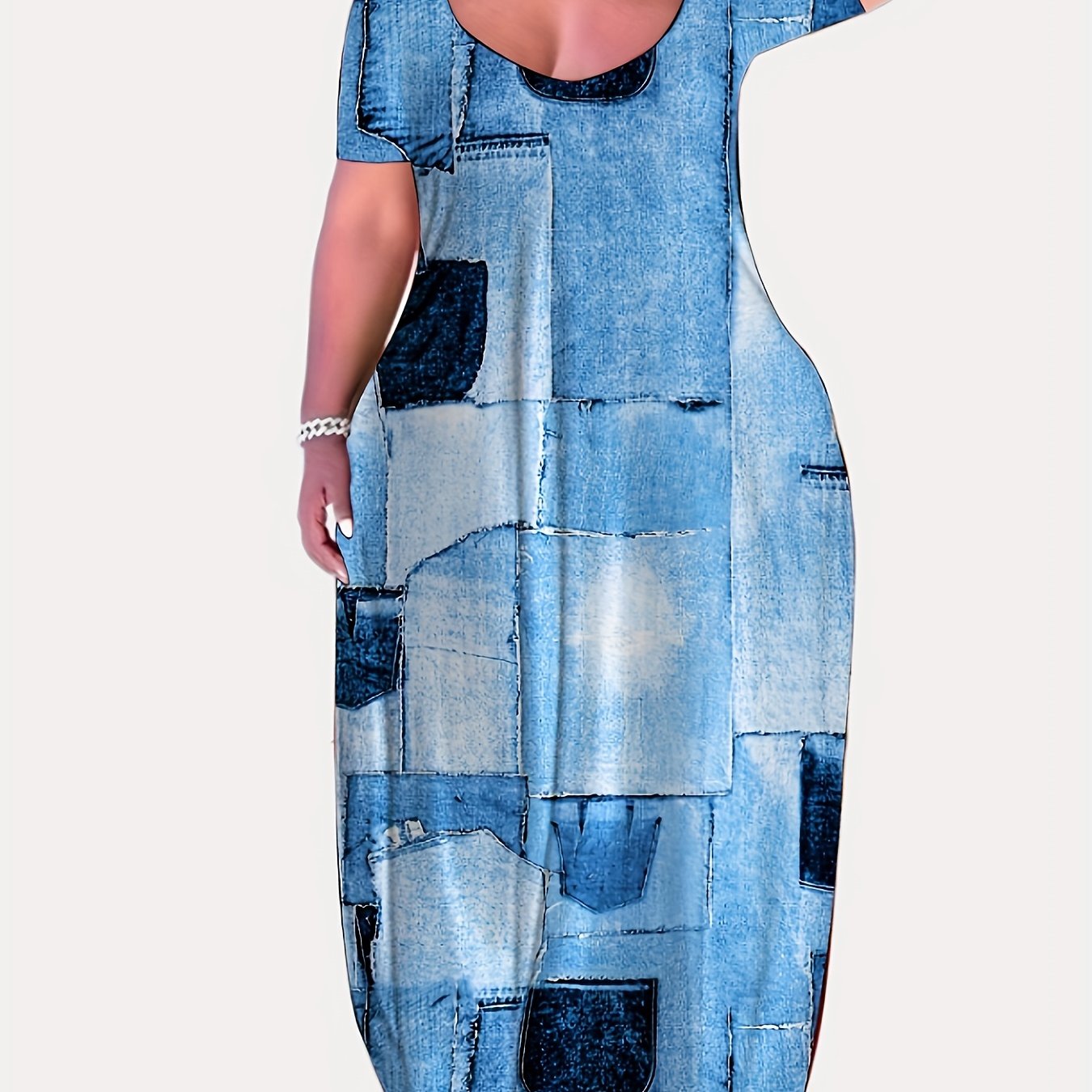  Denim Print Short Sleeve Maxi Dress