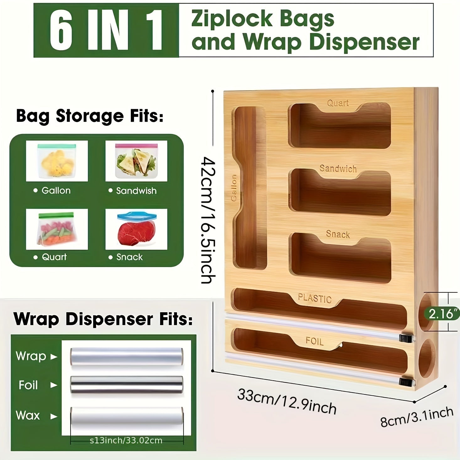 Bamboo Ziplock Bag Organizer and Foil Wrap Holder