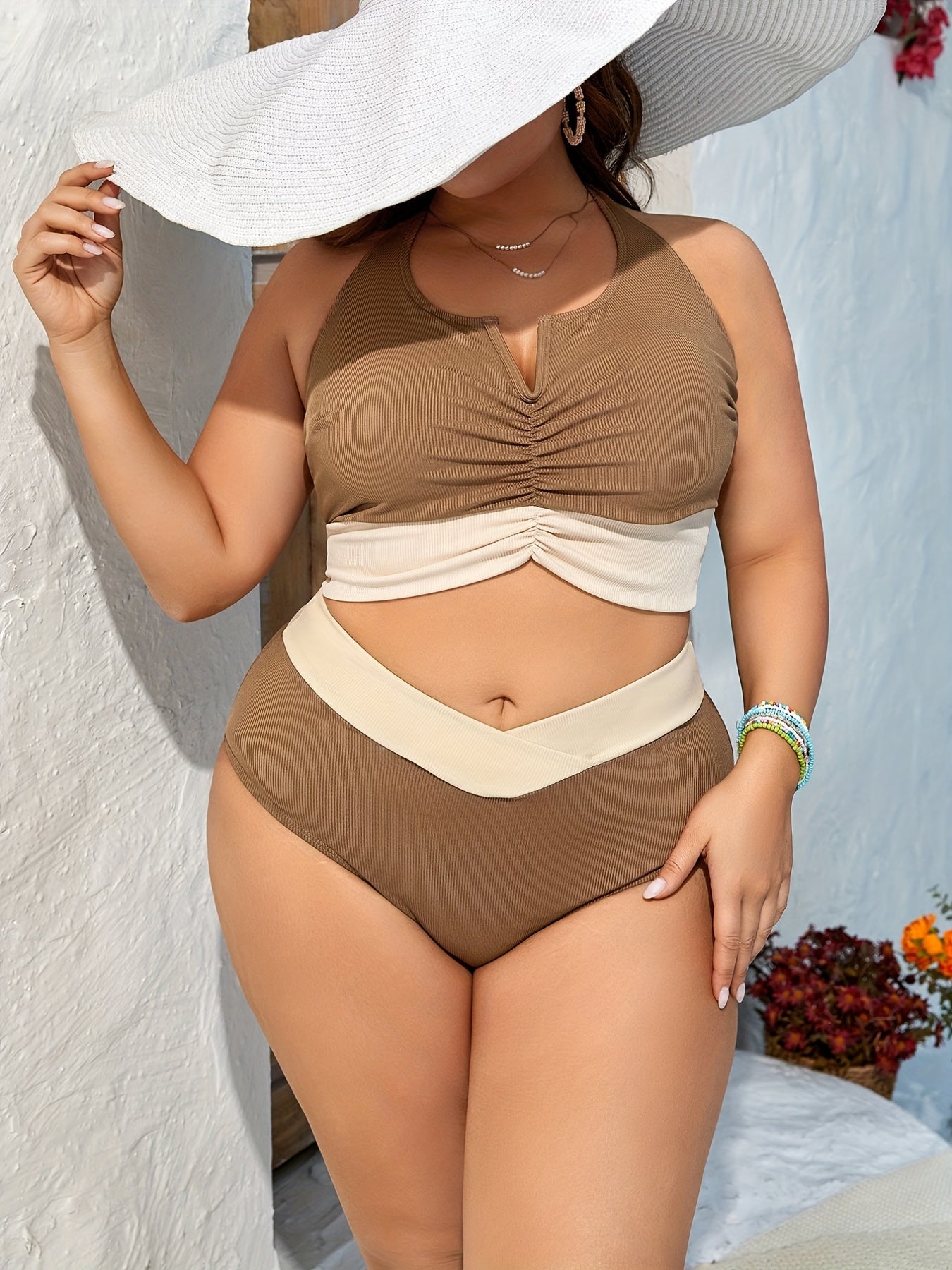  Ribbed Colorblock Ruched Halter Neck Swimsuit Set