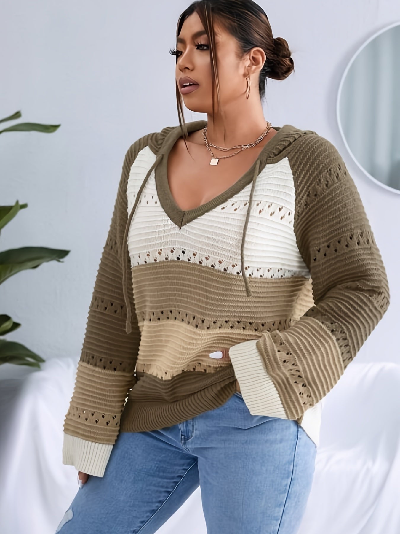  Colorblock Eyelet Embroidered Hooded Sweater