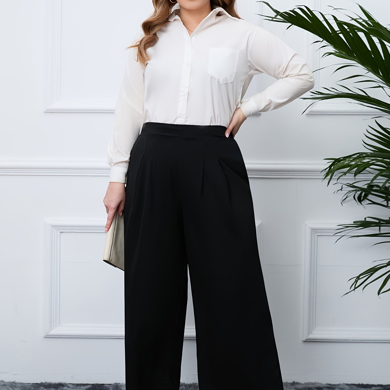  Plain High Rise Loose Fit Wide Leg Pants