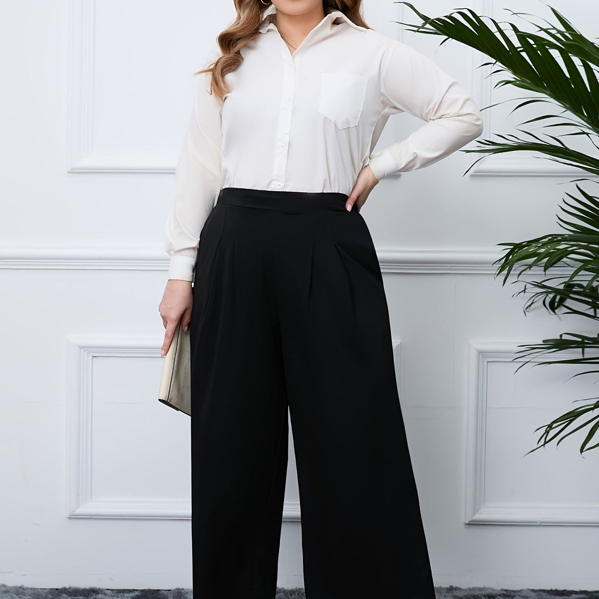  Plain High Rise Loose Fit Wide Leg Pants