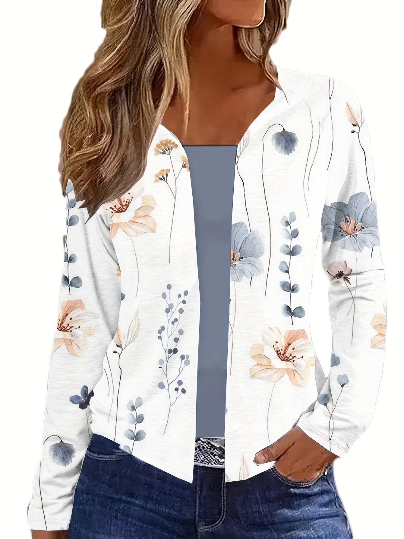 Floral Print Cardigan Open Front Long Sleeve Outerwear