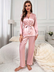 Satin Pajama Set & Robe with Belt & Pants Sleepwear