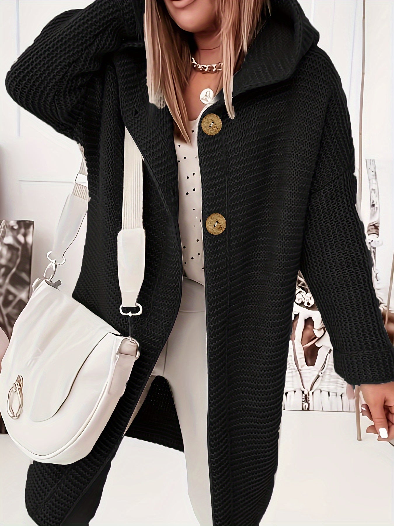  Solid Knit Long Sleeve Hooded Sweater Cardigan