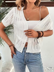 Eyelet Button Up Short Sleeve Cardigan for Summer