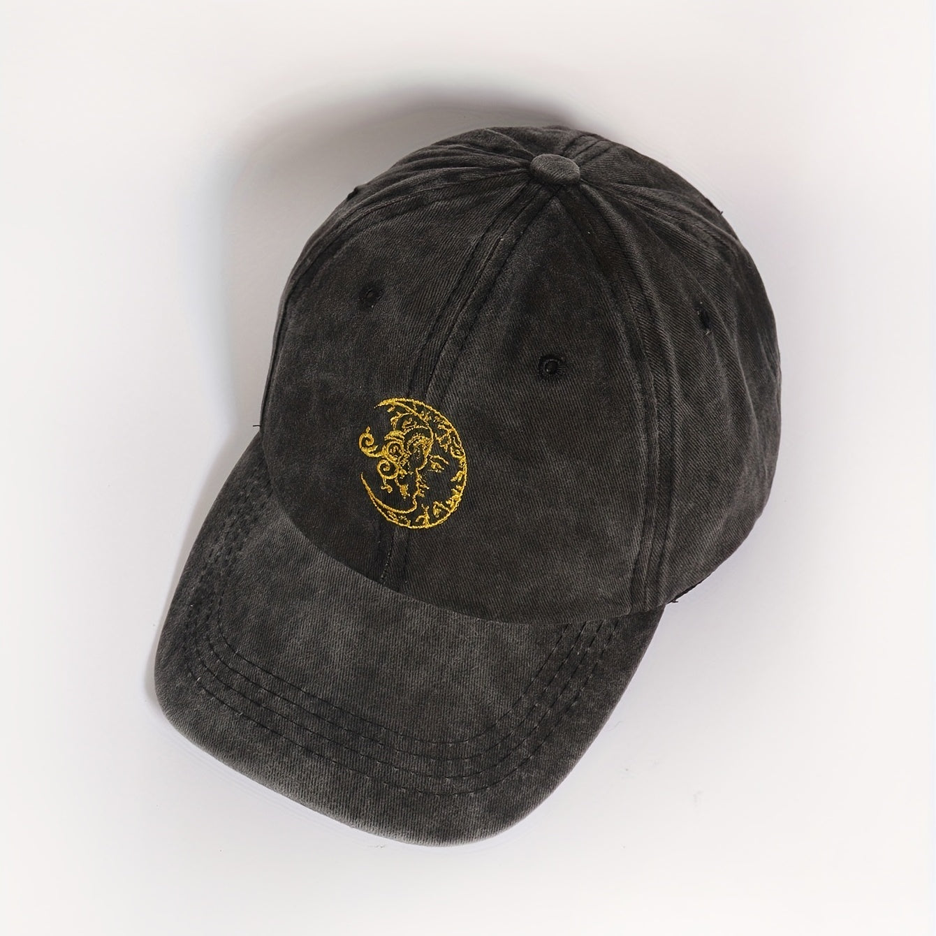 Vintage Moon Embroidery Baseball Cap Unisex Washed Gray Dad Hat