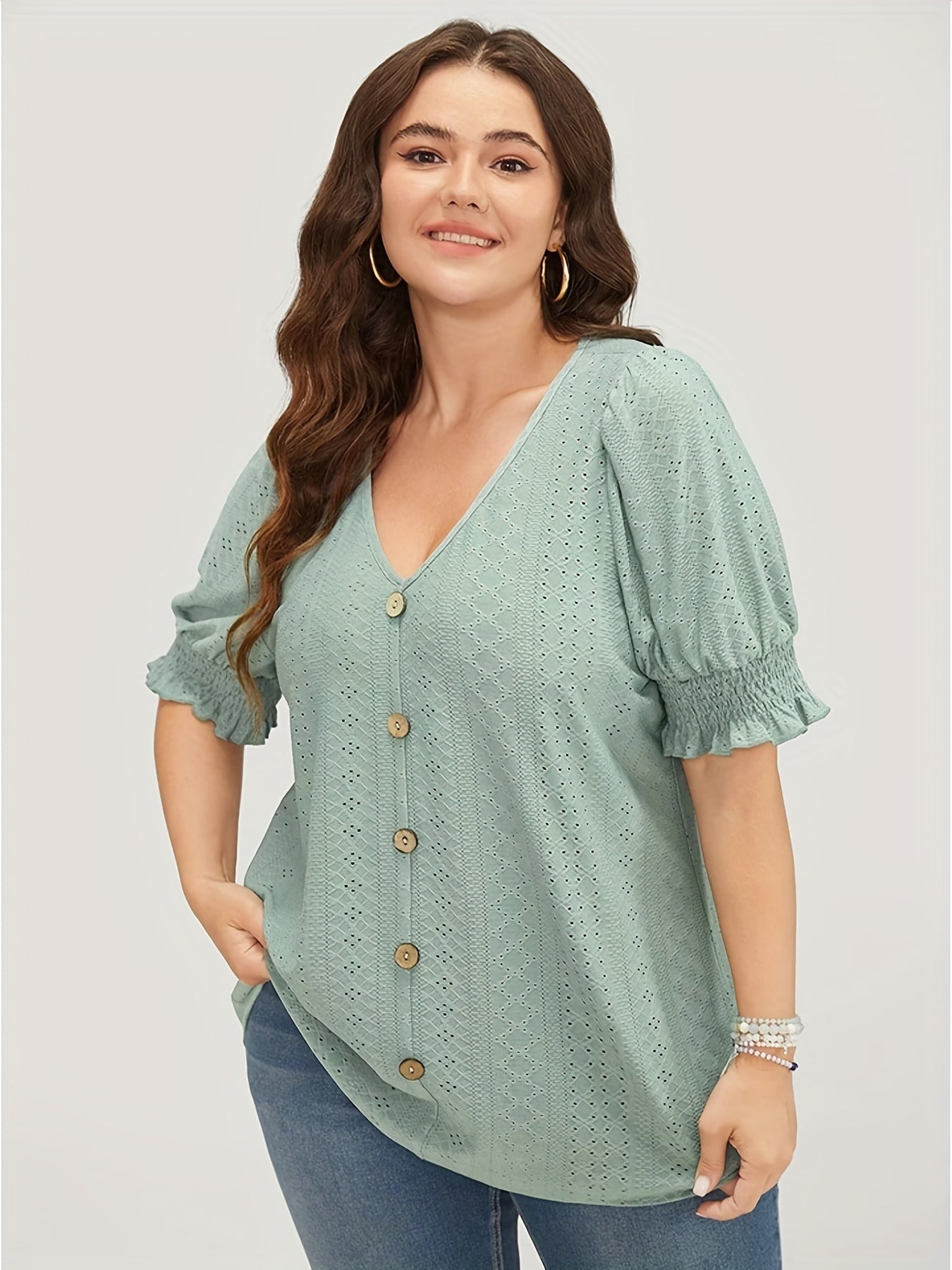  Eyelet Embroidered Puff Sleeve Blouse