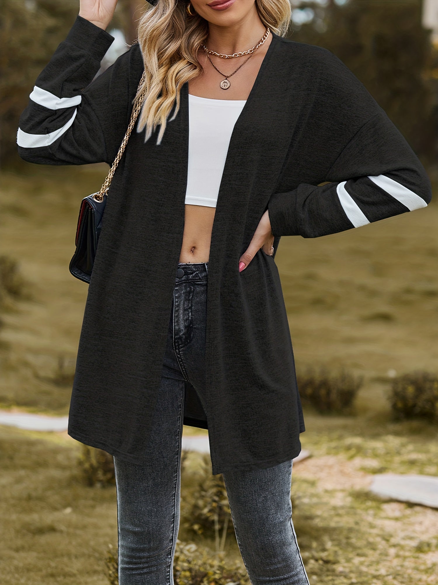  Stripe Print Long Sleeve Open Front Longline Cardigan
