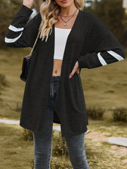  Stripe Print Long Sleeve Open Front Longline Cardigan