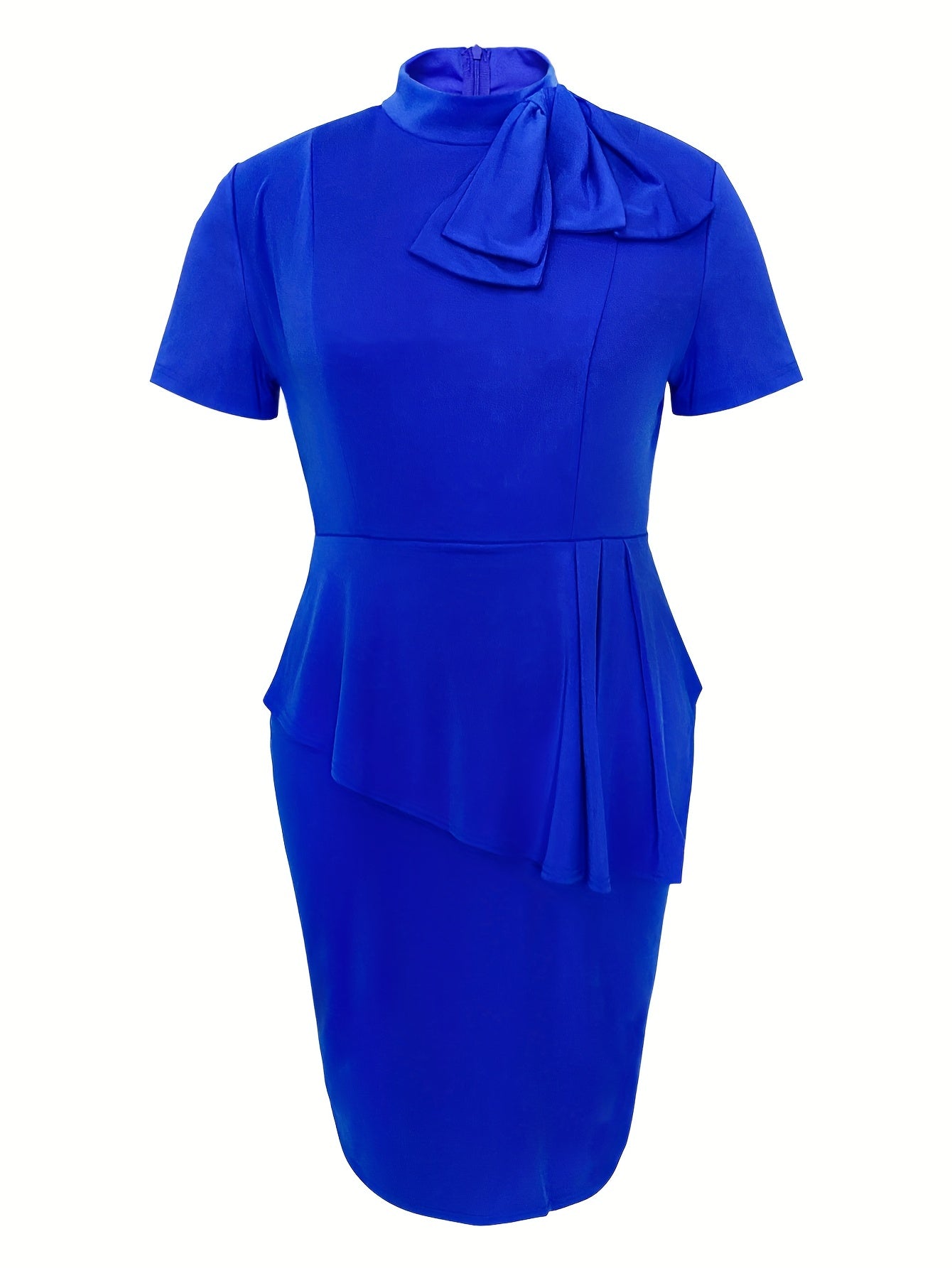 Solid Bow Knot Mock Neck Slim Fit Midi Dress