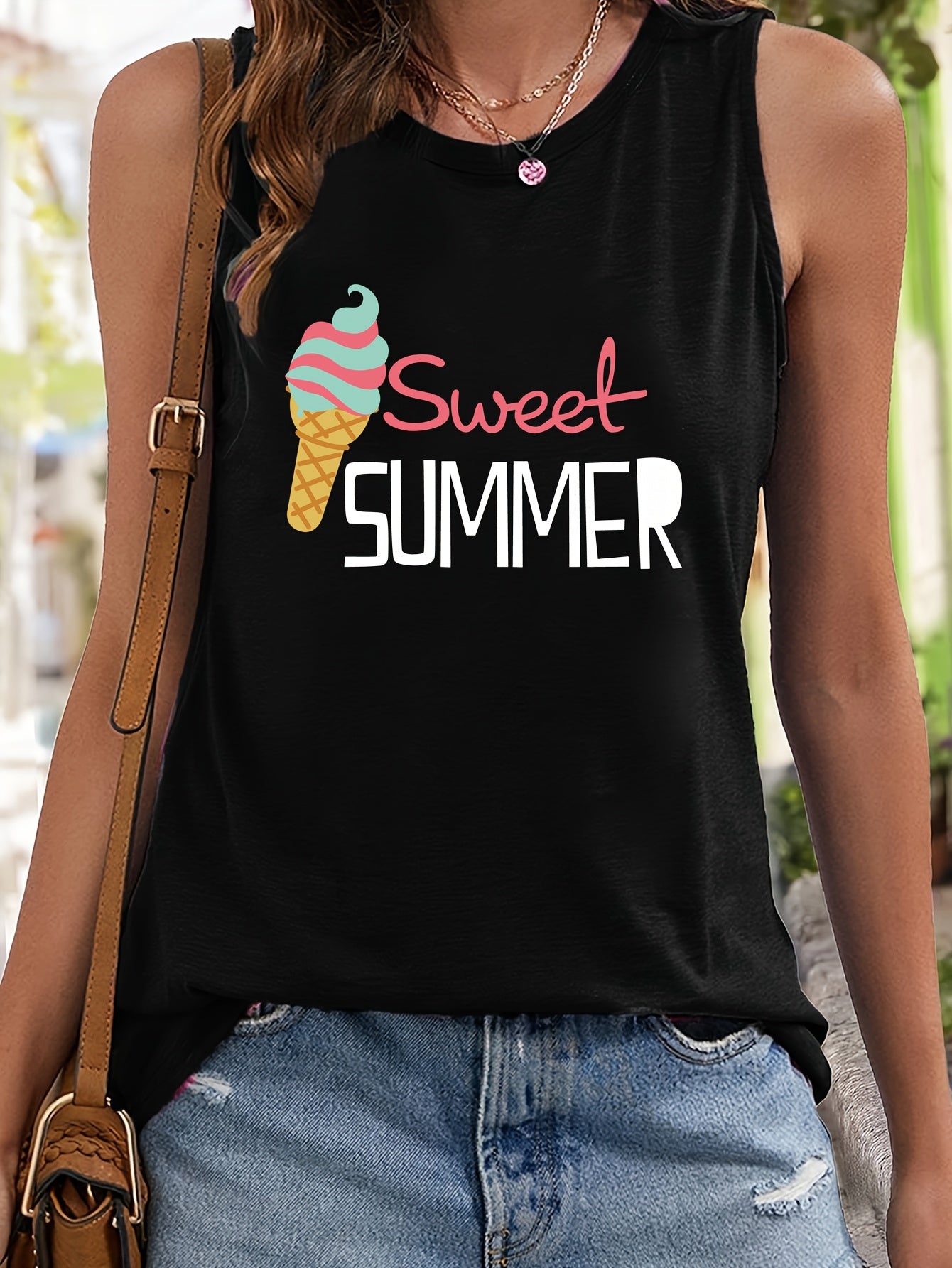 Ice Cream & Letter Pattern Sports Vest Sleeveless Casual Top Women's Activewear