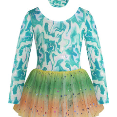 Girls Long Sleeve Back Bow Stars Sequins Tulle Tutu Patchwork Dress