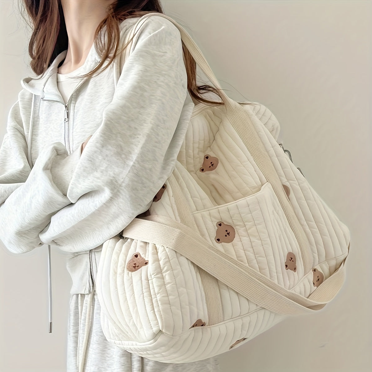 Quilted Diaper Bag with Bear Embroidery Lightweight Travel Tote & Handbag