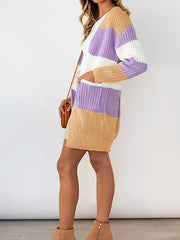  Colorblock Stripe Print Long Sleeve Cardigan