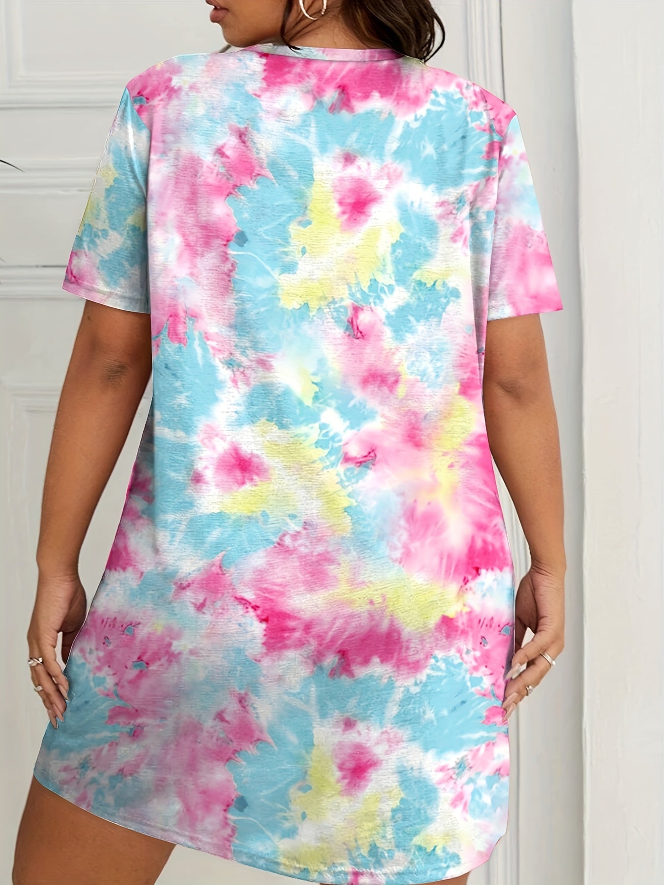  Tie Dye Short Sleeve Stretch Sleep Tee Dress