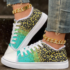Leopard Print Glitter Lace Up Canvas Sneakers