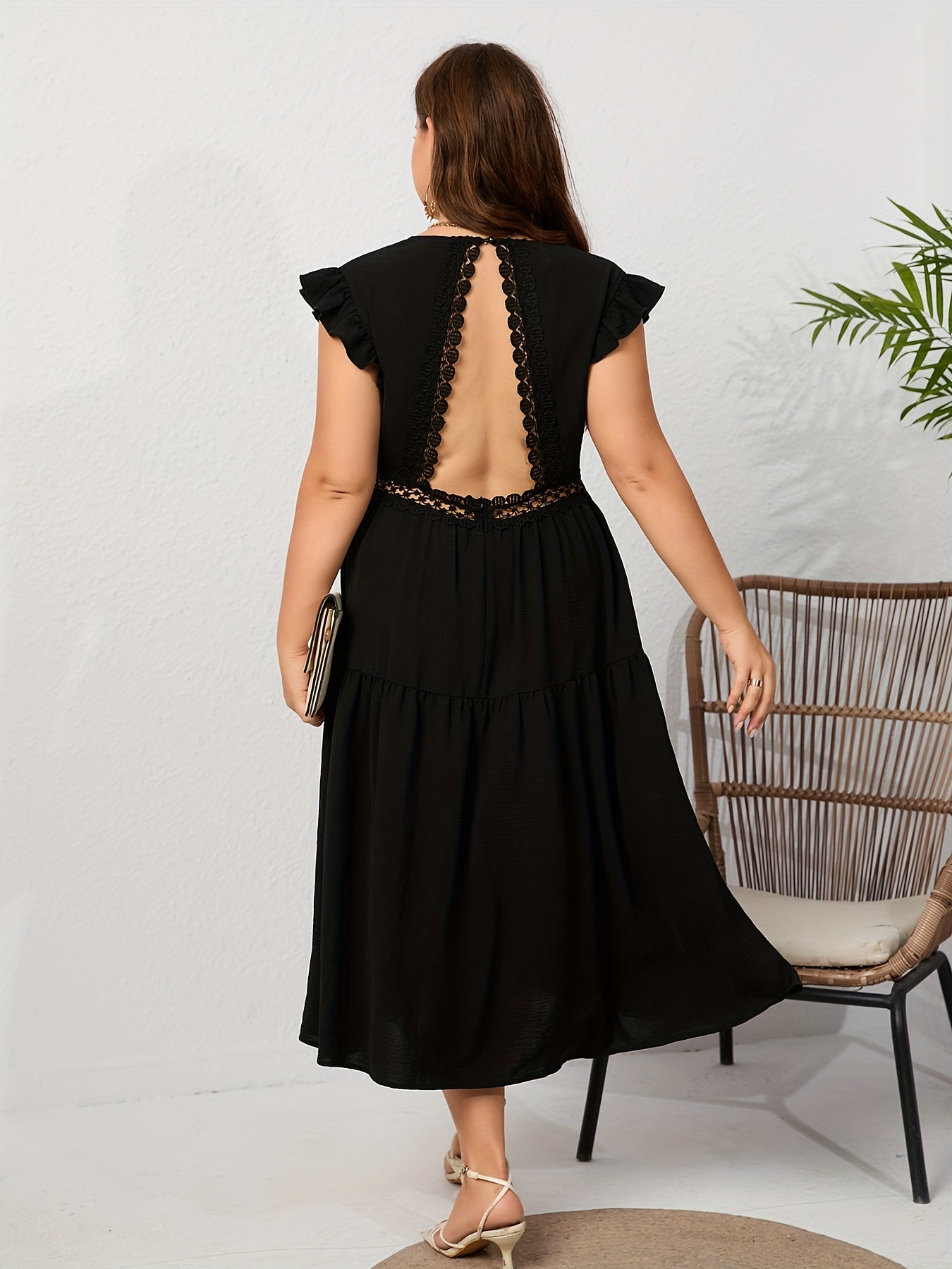 Plus Size V Neck Lace Ruffle Sleeve Stretch Dress