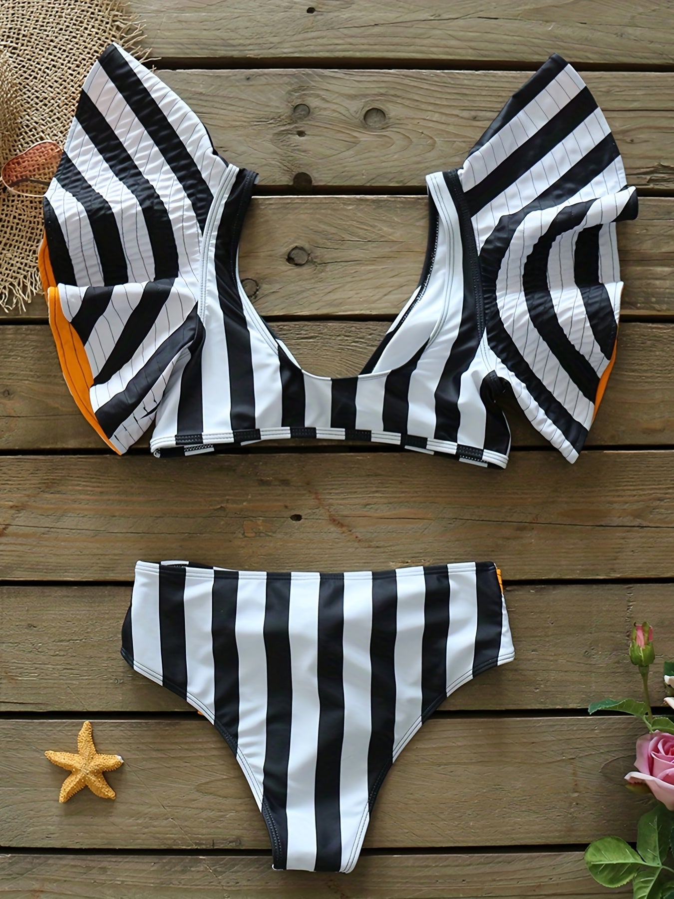 Stripes Print Tie Belt High Waist 2 piece Set Bikini Ruffle V Neck Swimsuit
