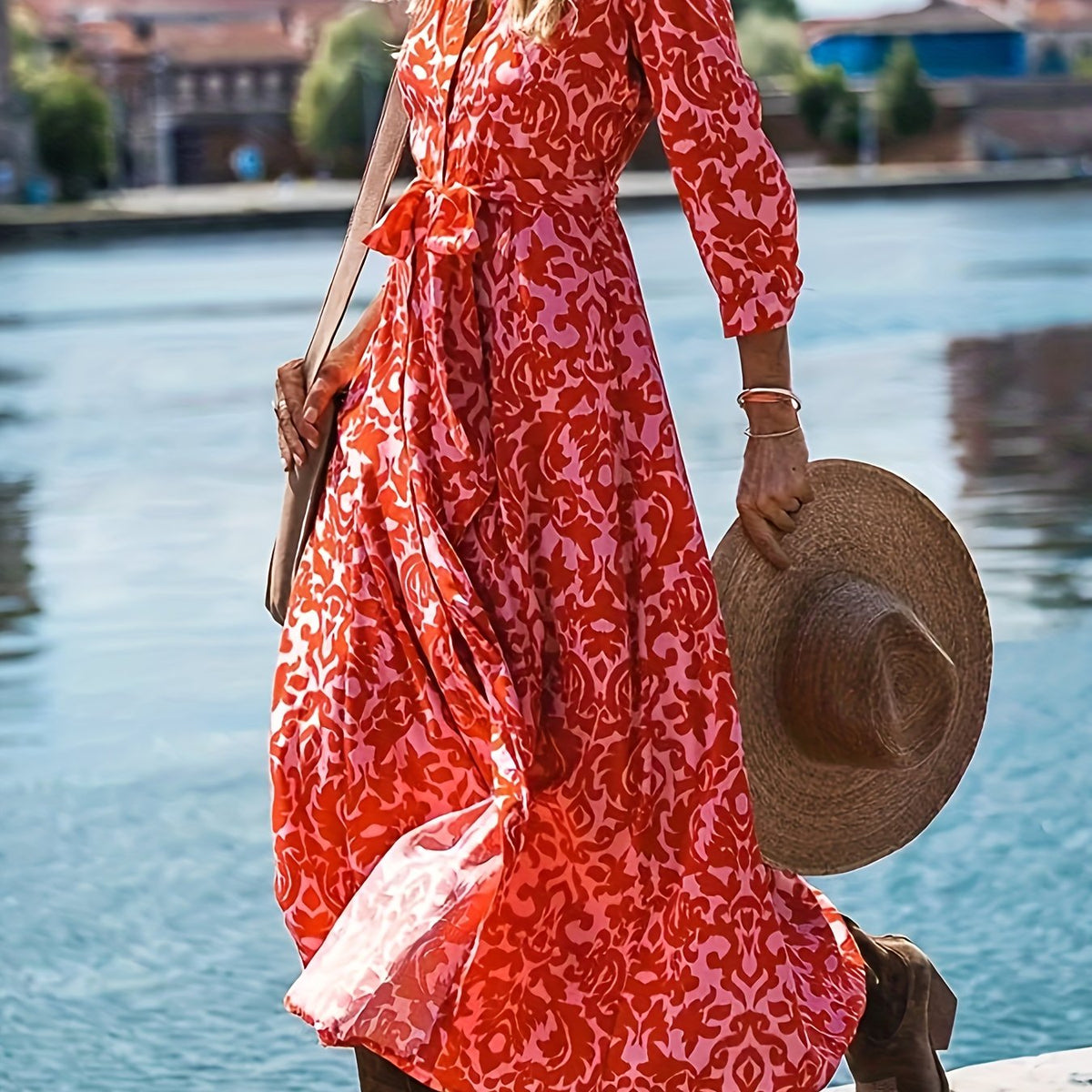  Boho Dress Allover Print Maxi Shirt Dress