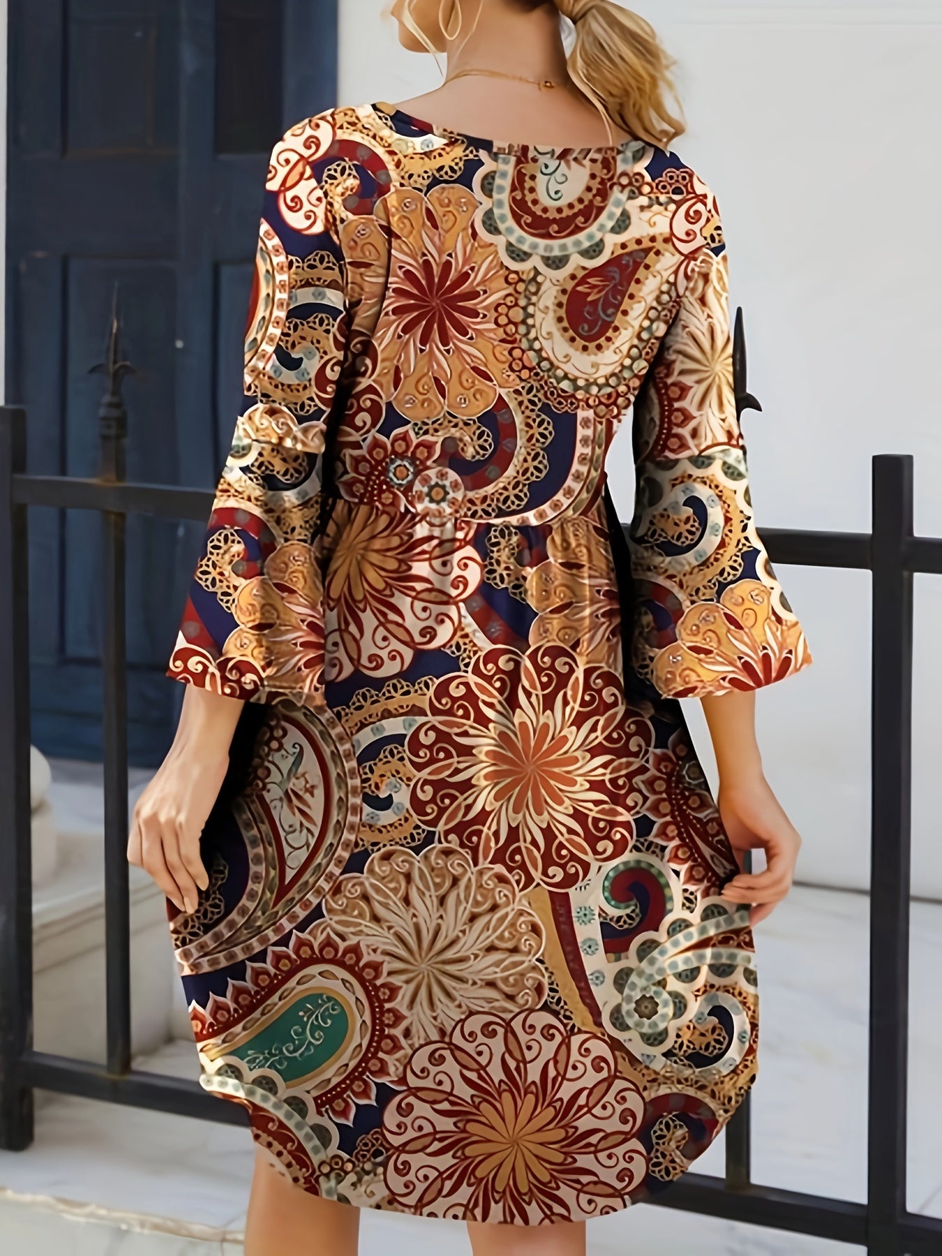  Boho Dress Women's Plus Paisley Print Bell Sleeve Dress