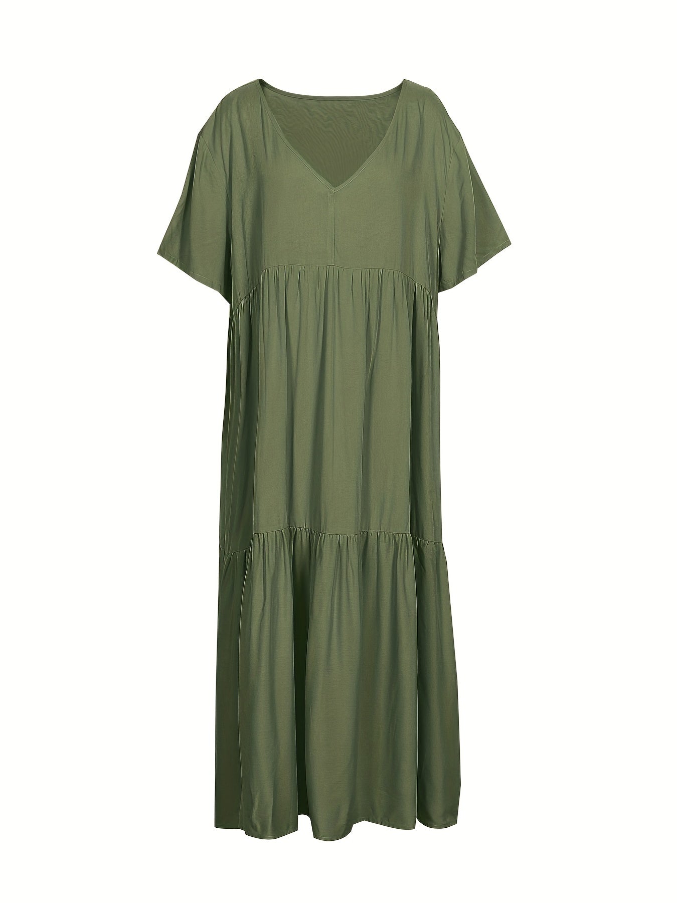  Solid V Neck Ruffle Trim Smock Dress