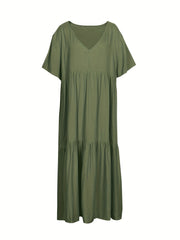 Solid V Neck Ruffle Trim Smock Dress