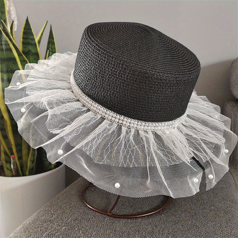 Mesh Lace Sun Hat Faux Pearl Decor Wide Brim Straw Hat French Style
