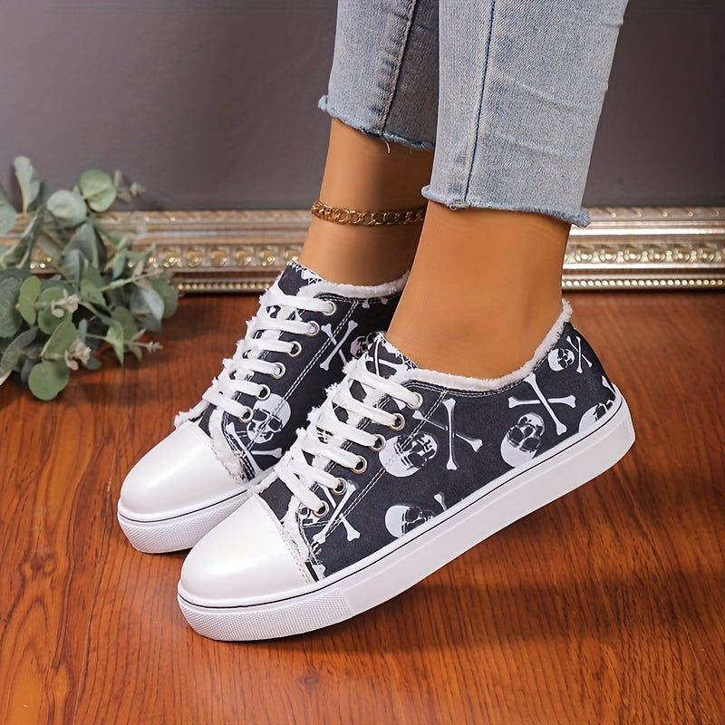 Women's Skull Print Sneakers Lace Up Outdoor Shoes Lightweight Halloween Shoes