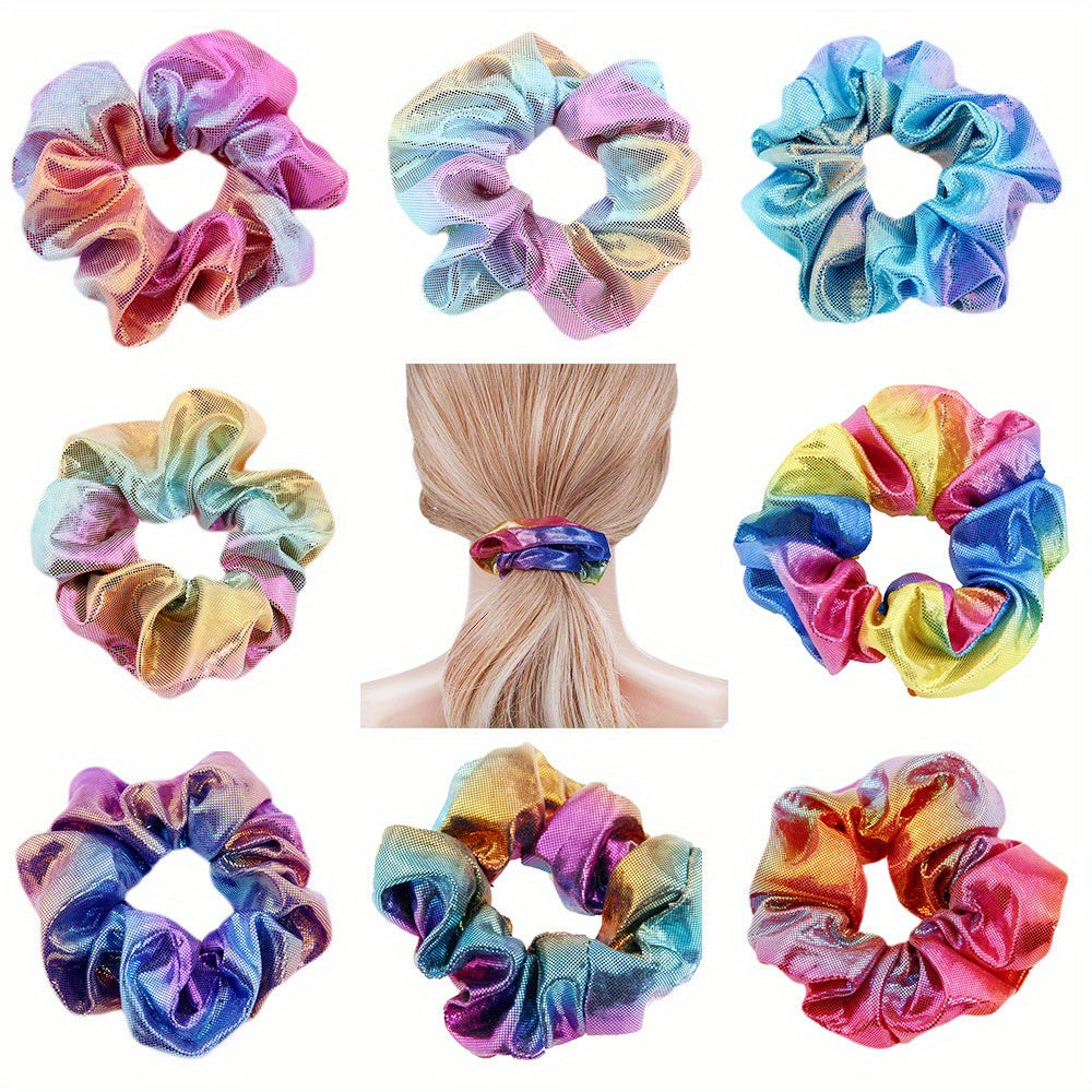 8pcs Y2K Laser Scrunchies Gradient Hair Rope Holographic Hair Ring