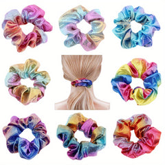 8pcs Y2K Laser Scrunchies Gradient Hair Rope Holographic Hair Ring