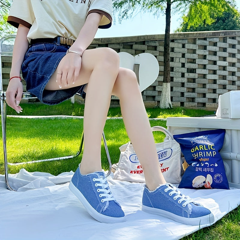 Women's Canvas Lace Up Low Top Sneakers - Casual Round Toe Flat Shoes