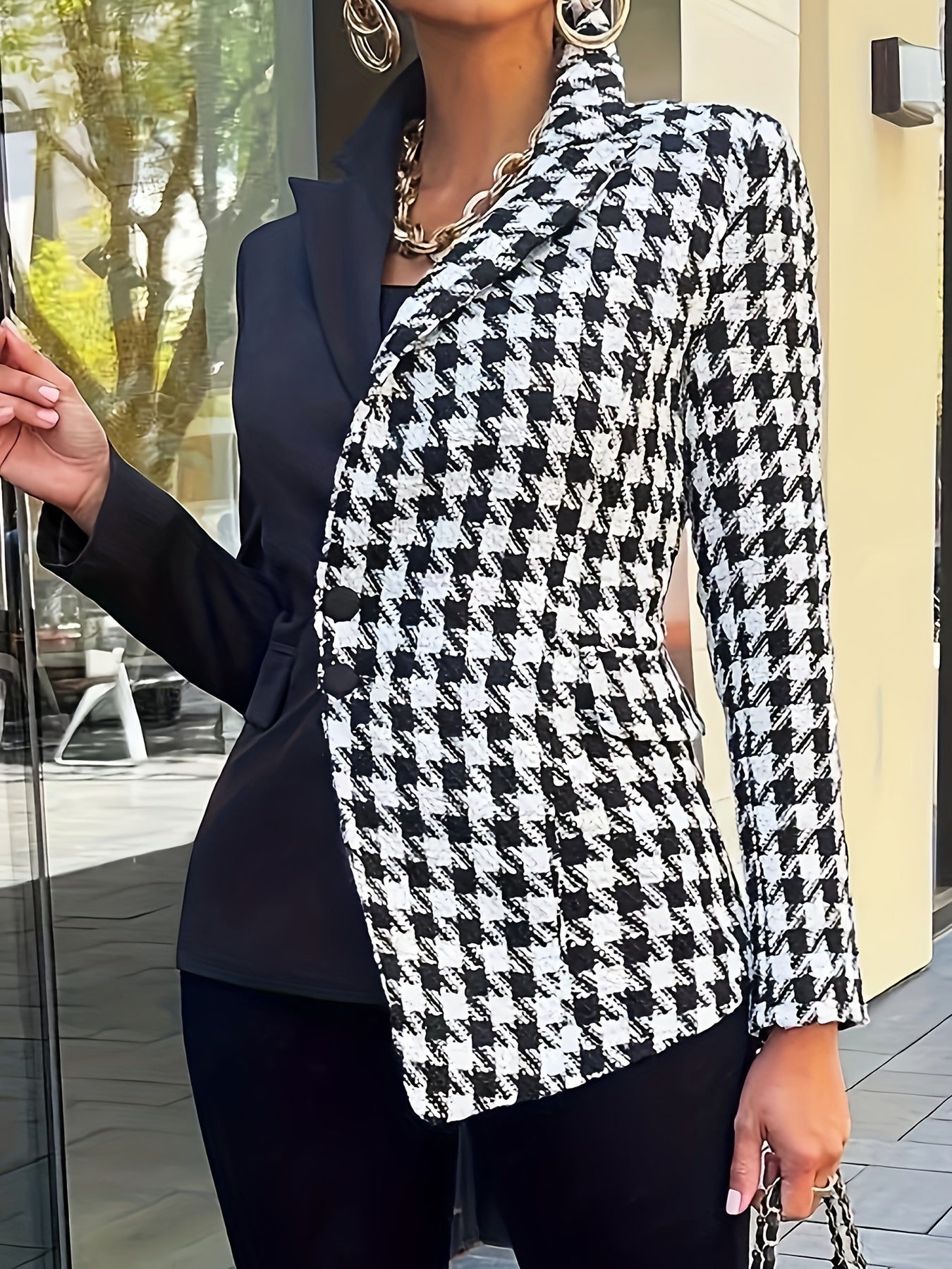 Colorblock Houndstooth Print Long Sleeve Blazer