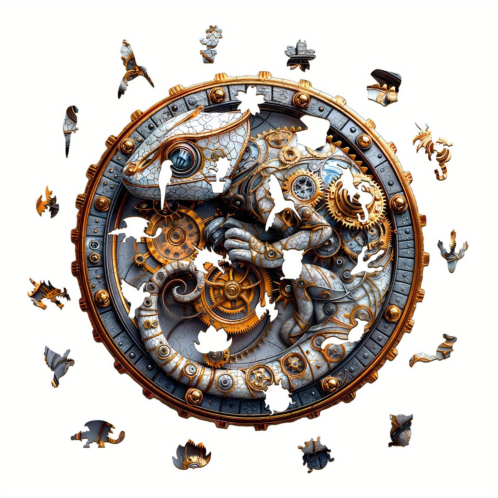 Steampunk Chameleon Wooden Puzzle with Golden Gears