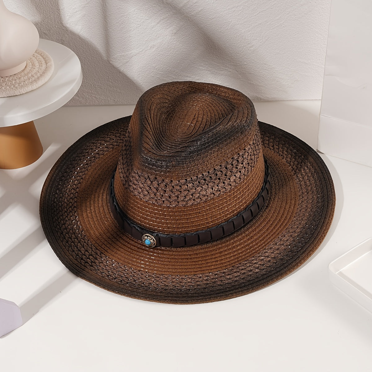 Summer Breathable Sunshade Cowboy Hat with Leather Belt for Outdoor